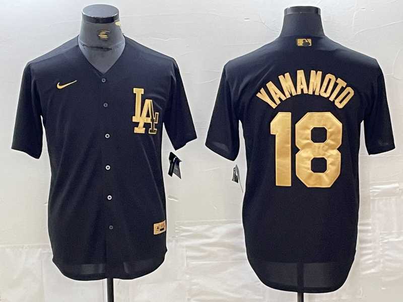 Mens Los Angeles Dodgers #18 Yoshinobu Yamamoto Black Gold Cool Base Stitched Jersey->los angeles dodgers->MLB Jersey